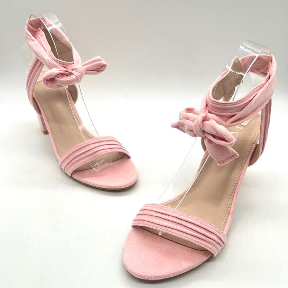 Allegra K Sandals Womens 9 Pink Block Heel Ankle Tie Soft Suede Open Toe‎ NEW - Picture 1 of 11